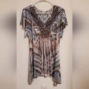 World Unity Boho Print V-Neck Women's Tunic Top with Lace Detail - Brown/Blue